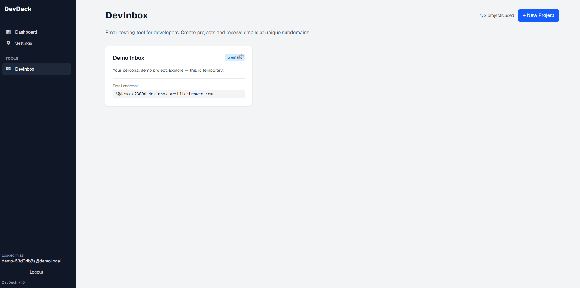 DevInbox dashboard showing a list of received emails